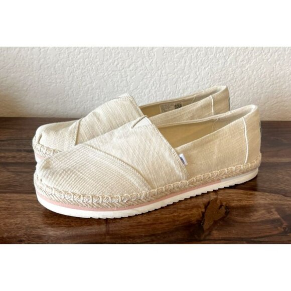 Toms Shoes Womens 9.5 Alpargata Slip On Beige Linen Platform Espadrille Rope Tan - Picture 1 of 6